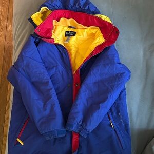 L.L. Bean Kids Blue Puffer Jacket with Yellow and Red Accents